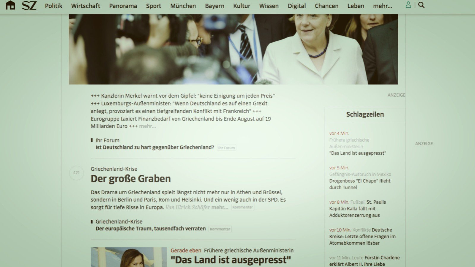 Startseite der Süddeutschen am 12.07.2015