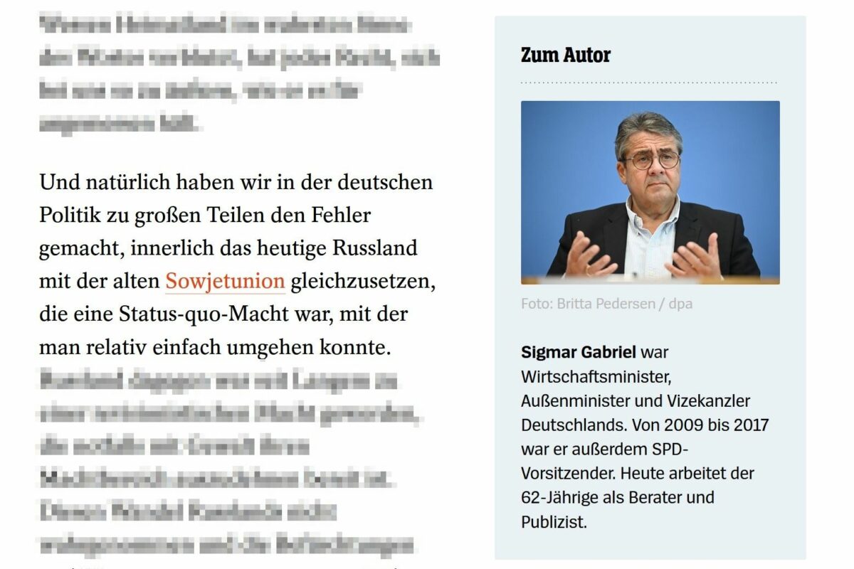 Debattenbeitrag von Sigmar Gabriel im Spiegel am 17.04.2022 (Quelle: Screenshot)