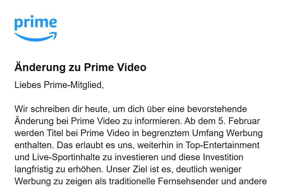 Amazon: "Änderung zu Prime Video" (Screenshot E-Mal an Prime-Mitglieder)